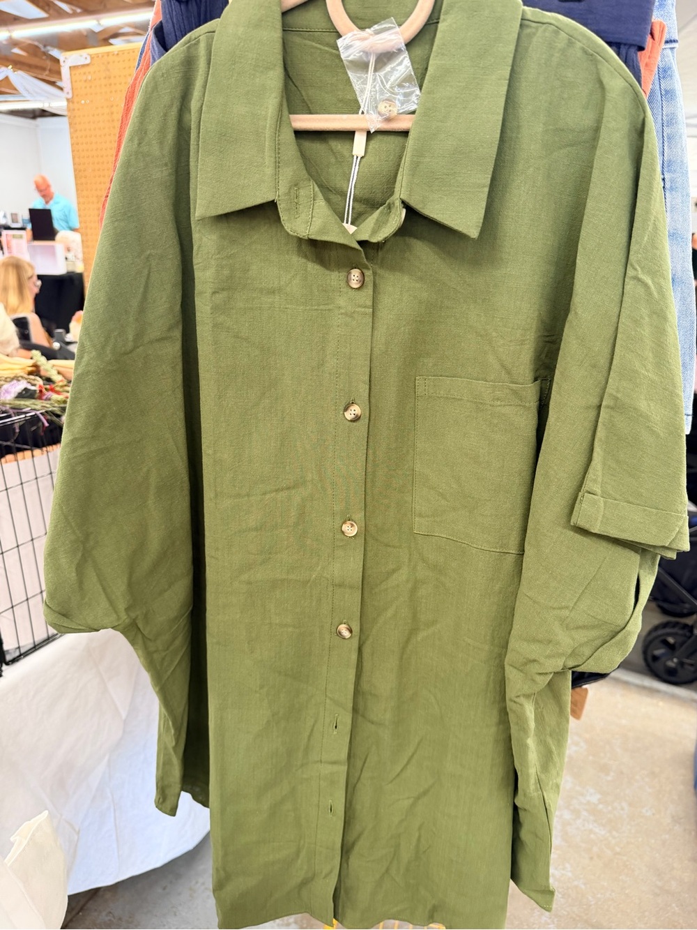 Olive Green Button-Up Linen Shirt Dress
